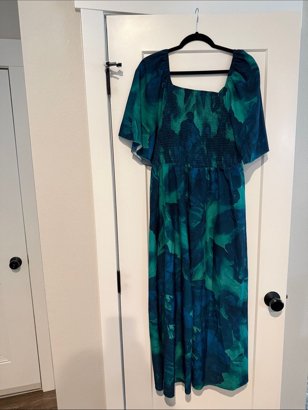 Blue-Green Maxi Dress with Flutter Sleeves